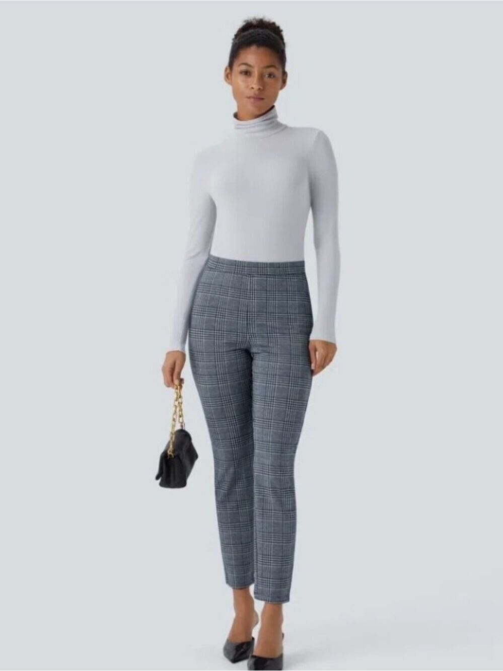 Halara Flex High Waisted Pocket Houndstooth Plaid Skinny Work Pants - Navy Blue